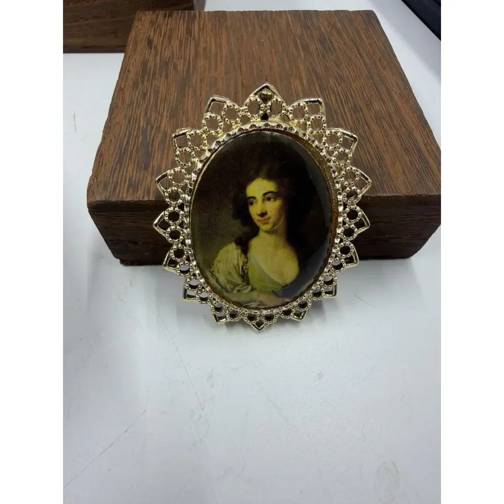 Vintage Victorian Revival Portrait Brooch Pendant Gold Tone Filigree Lady 1960s